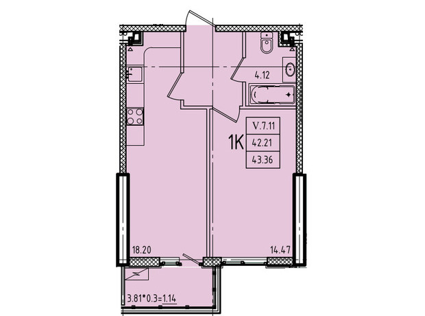 ЖК Еллада: планування 1-кімнатної квартири 43.36 м²