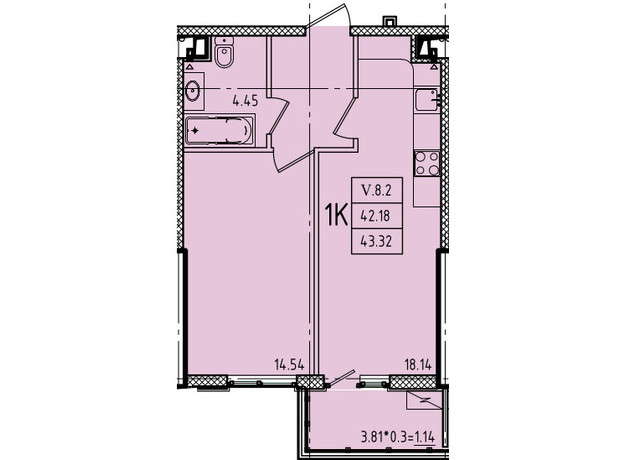 ЖК Эллада: планировка 1-комнатной квартиры 43.32 м²