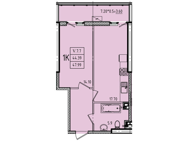 ЖК Еллада: планування 1-кімнатної квартири 47.99 м²