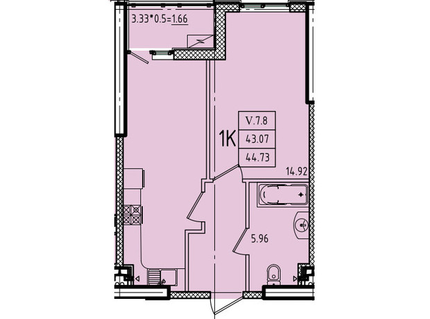 ЖК Эллада: планировка 1-комнатной квартиры 44.73 м²