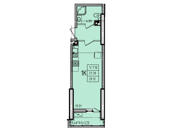 ЖК Эллада: планировка 1-комнатной квартиры 29.12 м²