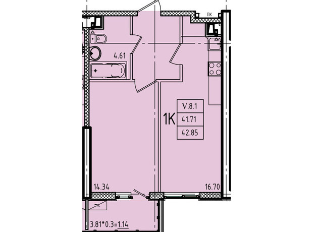 ЖК Эллада: планировка 1-комнатной квартиры 42.85 м²