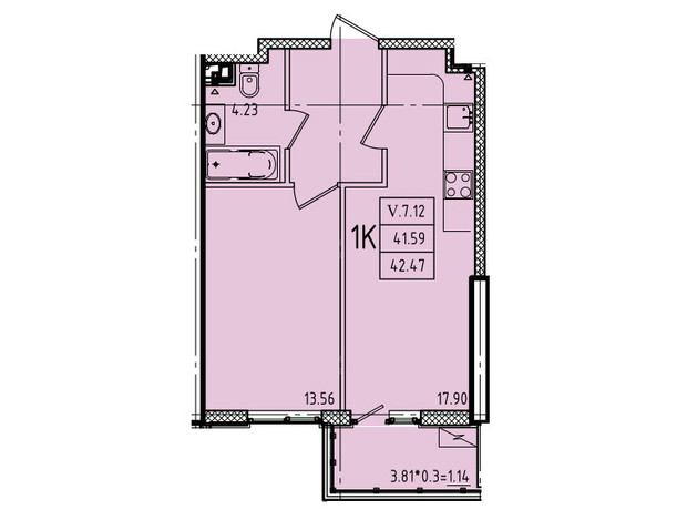 ЖК Еллада: планування 1-кімнатної квартири 42.47 м²