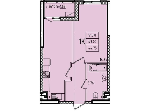 ЖК Еллада: планування 1-кімнатної квартири 44.75 м²