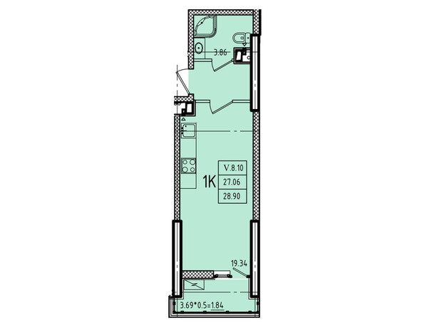 ЖК Еллада: планування 1-кімнатної квартири 28.9 м²