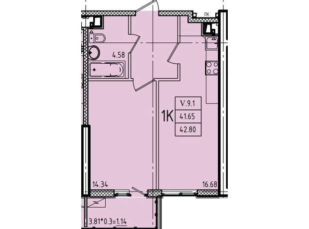 ЖК Эллада: планировка 1-комнатной квартиры 42.8 м²