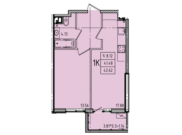 ЖК Еллада: планування 1-кімнатної квартири 42.62 м²