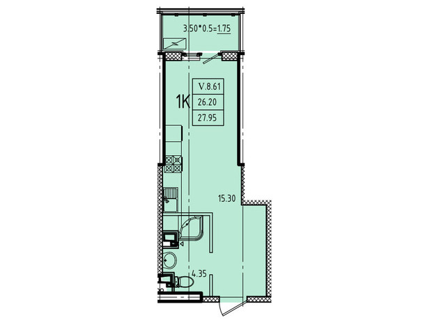 ЖК Еллада: планування 1-кімнатної квартири 27.95 м²