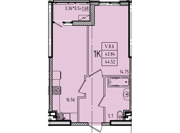 ЖК Еллада: планування 1-кімнатної квартири 44.52 м²