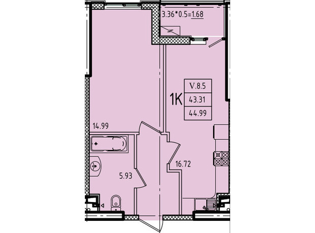 ЖК Еллада: планування 1-кімнатної квартири 44.99 м²