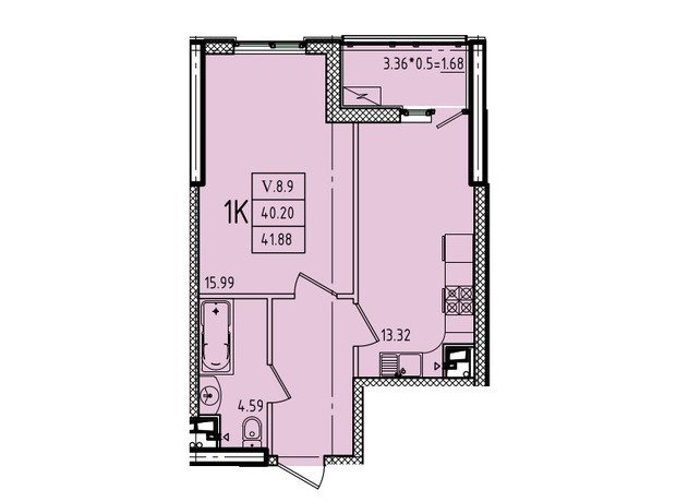 ЖК Эллада: планировка 1-комнатной квартиры 41.88 м²