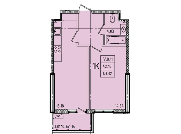 ЖК Еллада: планування 1-кімнатної квартири 43.32 м²