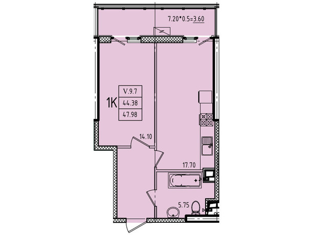 ЖК Еллада: планування 1-кімнатної квартири 47.98 м²