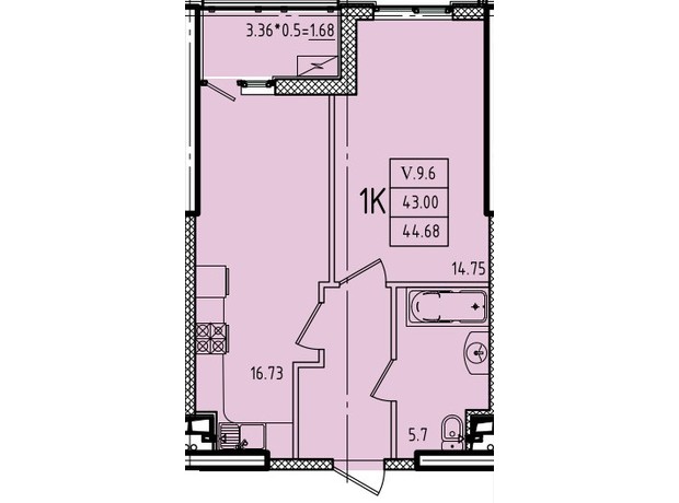 ЖК Еллада: планування 1-кімнатної квартири 44.68 м²