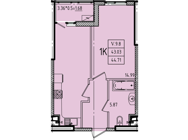 ЖК Еллада: планування 1-кімнатної квартири 44.71 м²