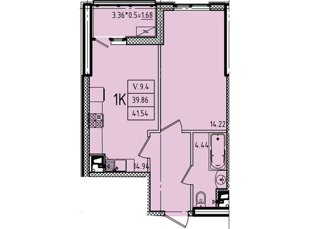 ЖК Эллада: планировка 1-комнатной квартиры 41.54 м²