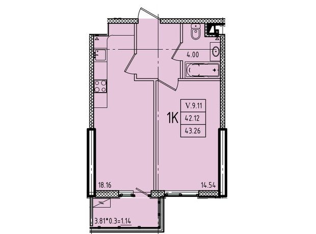 ЖК Эллада: планировка 1-комнатной квартиры 43.26 м²