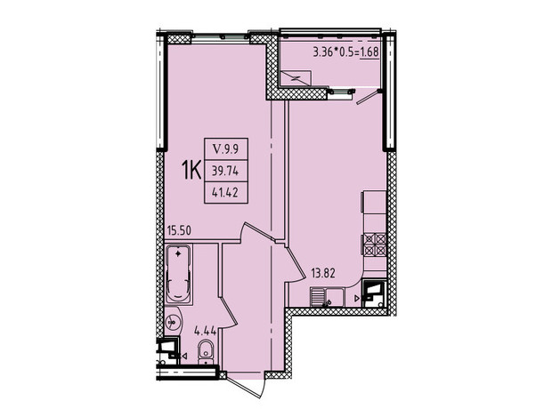 ЖК Еллада: планування 1-кімнатної квартири 41.42 м²