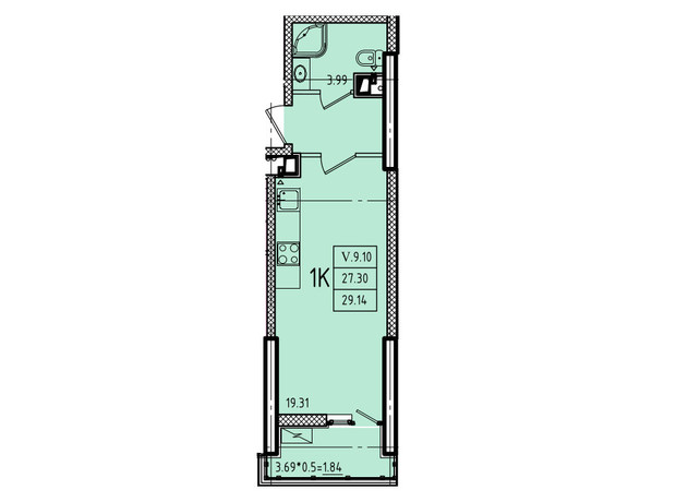 ЖК Эллада: планировка 1-комнатной квартиры 29.14 м²
