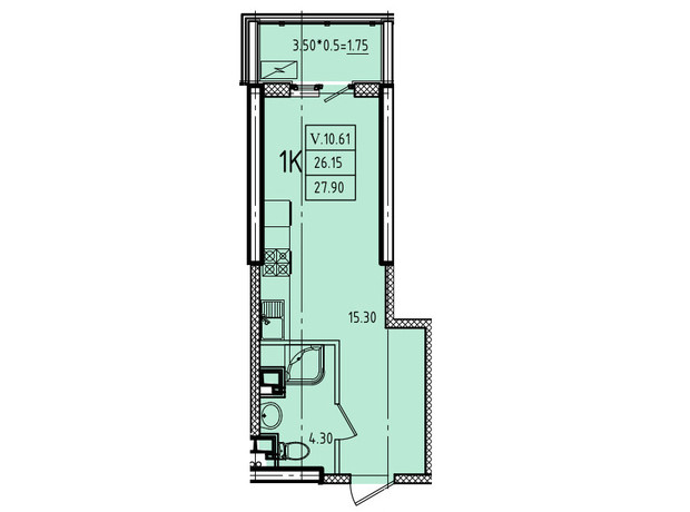 ЖК Еллада: планування 1-кімнатної квартири 27.9 м²