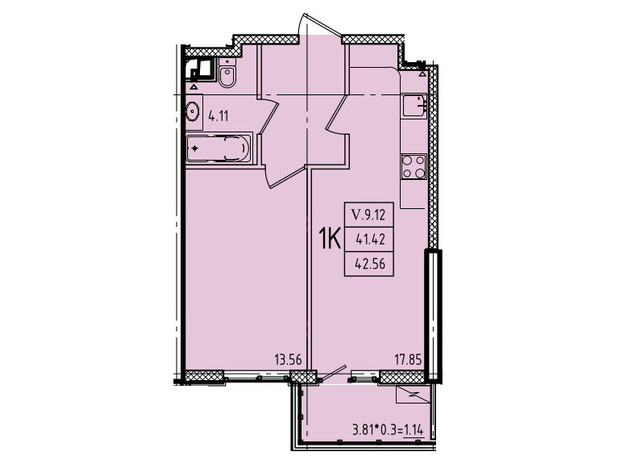 ЖК Эллада: планировка 1-комнатной квартиры 42.56 м²