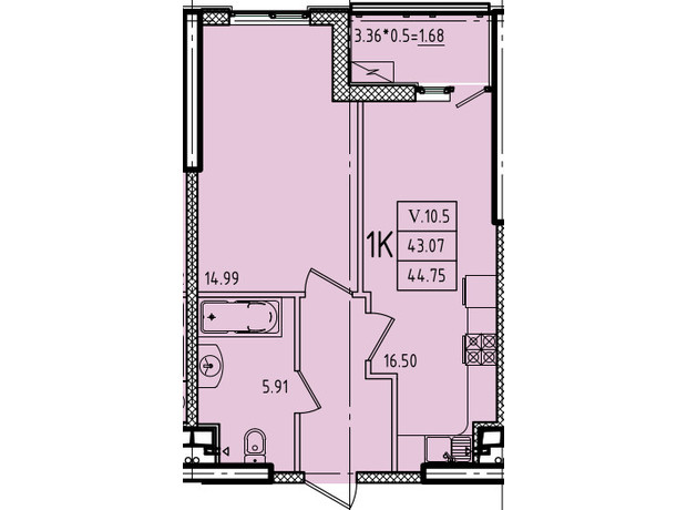 ЖК Еллада: планування 1-кімнатної квартири 44.75 м²