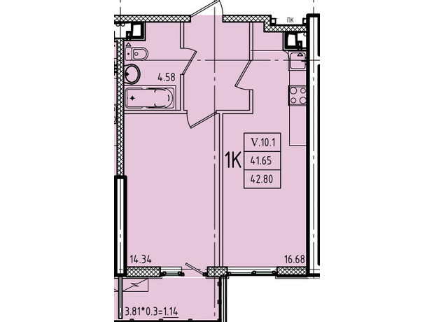 ЖК Еллада: планування 1-кімнатної квартири 42.8 м²