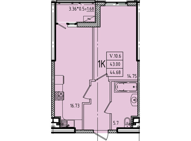 ЖК Еллада: планування 1-кімнатної квартири 44.68 м²