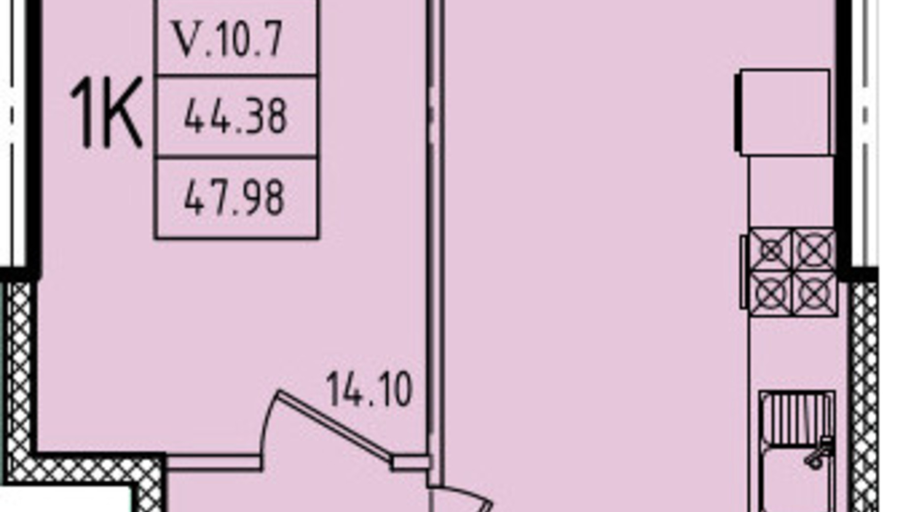 Планування 1-кімнатної квартири в ЖК Еллада 47.98 м², фото 602508