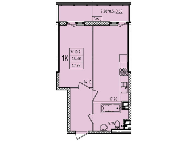 ЖК Эллада: планировка 1-комнатной квартиры 47.98 м²