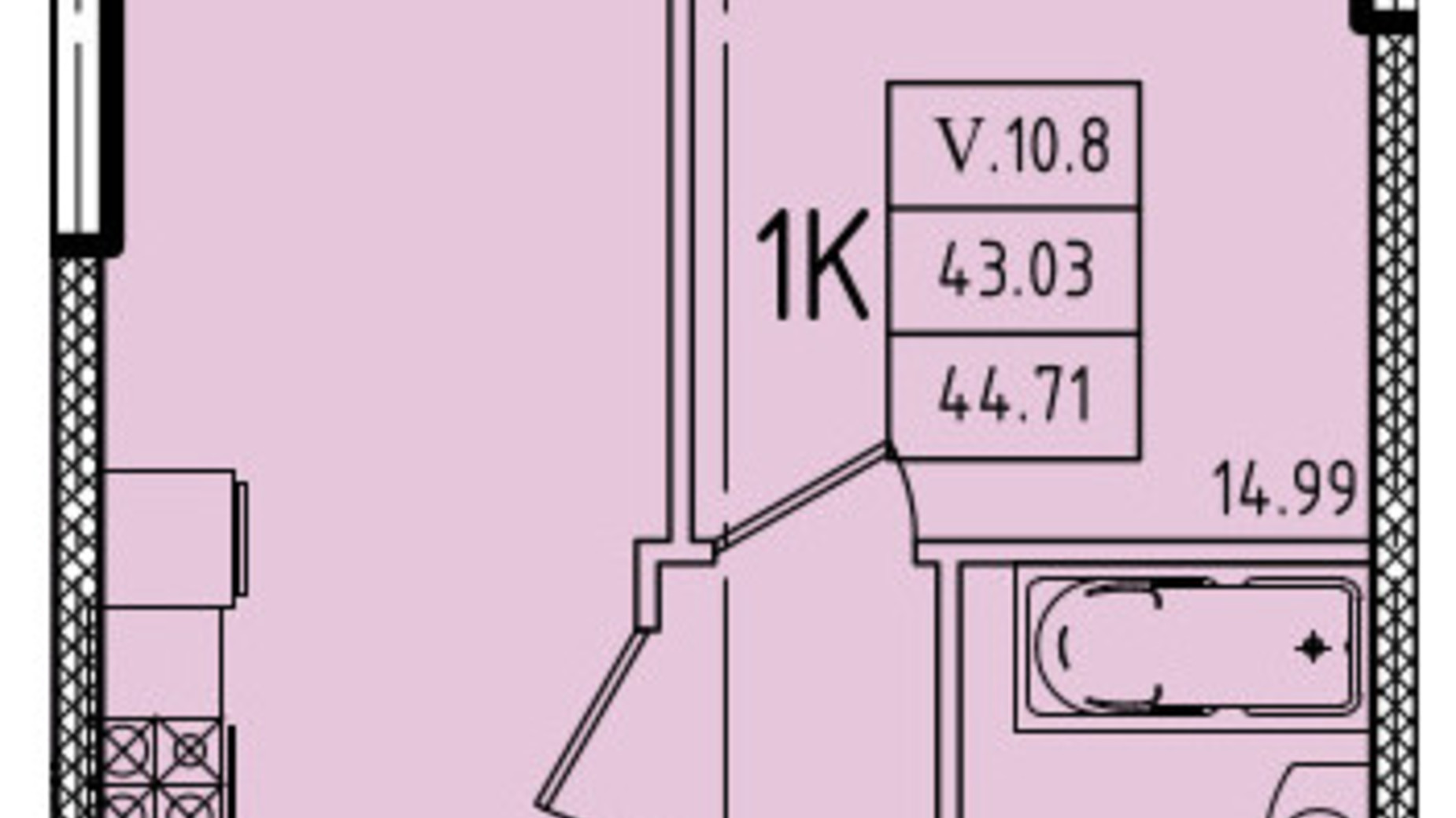 Планування 1-кімнатної квартири в ЖК Еллада 44.71 м², фото 602509