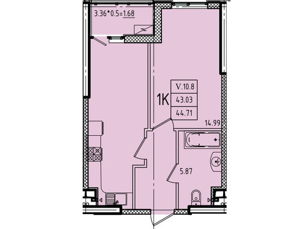 ЖК Еллада: планування 1-кімнатної квартири 44.71 м²