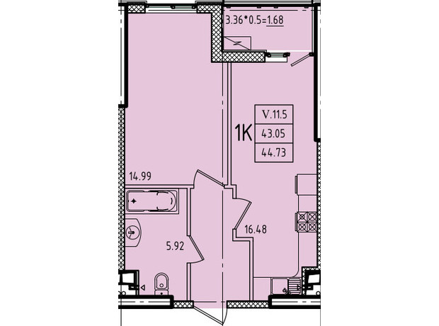 ЖК Еллада: планування 1-кімнатної квартири 44.73 м²