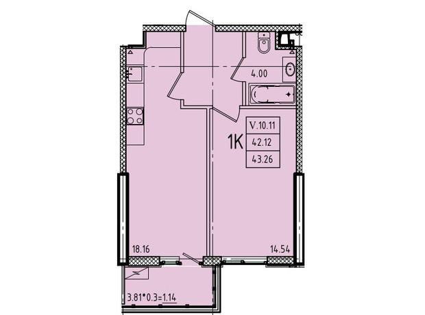 ЖК Эллада: планировка 1-комнатной квартиры 43.26 м²