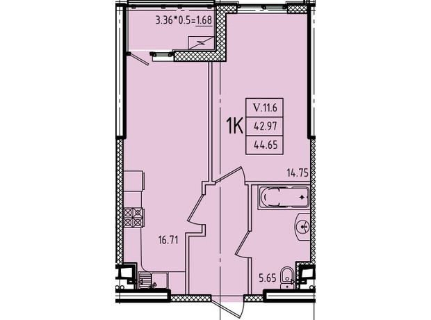 ЖК Еллада: планування 1-кімнатної квартири 44.65 м²