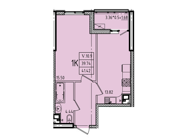 ЖК Эллада: планировка 1-комнатной квартиры 41.42 м²