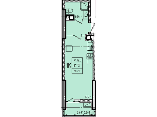 ЖК Еллада: планування 1-кімнатної квартири 28.96 м²