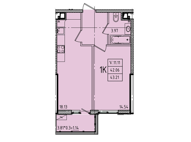 ЖК Еллада: планування 1-кімнатної квартири 43.21 м²