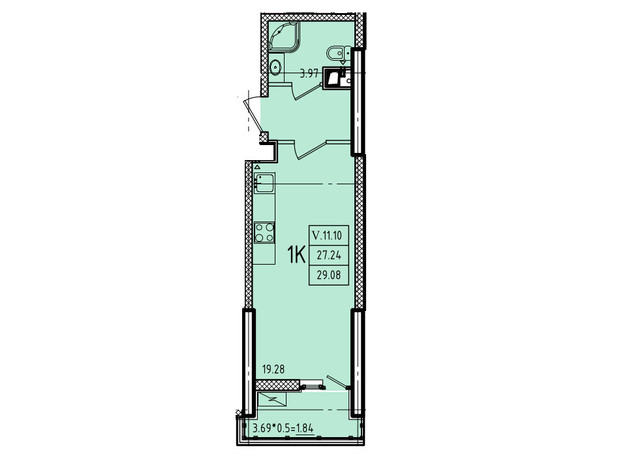 ЖК Эллада: планировка 1-комнатной квартиры 29.08 м²