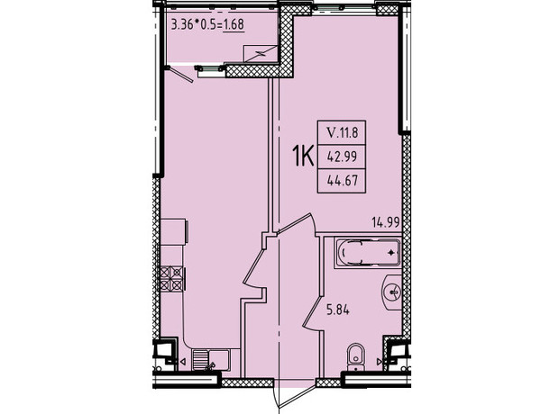 ЖК Еллада: планування 1-кімнатної квартири 44.67 м²