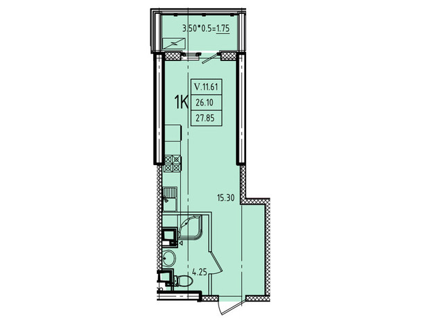 ЖК Еллада: планування 1-кімнатної квартири 27.85 м²