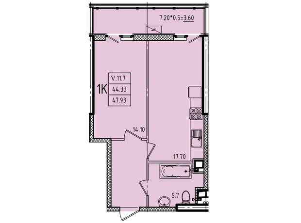 ЖК Еллада: планування 1-кімнатної квартири 47.93 м²