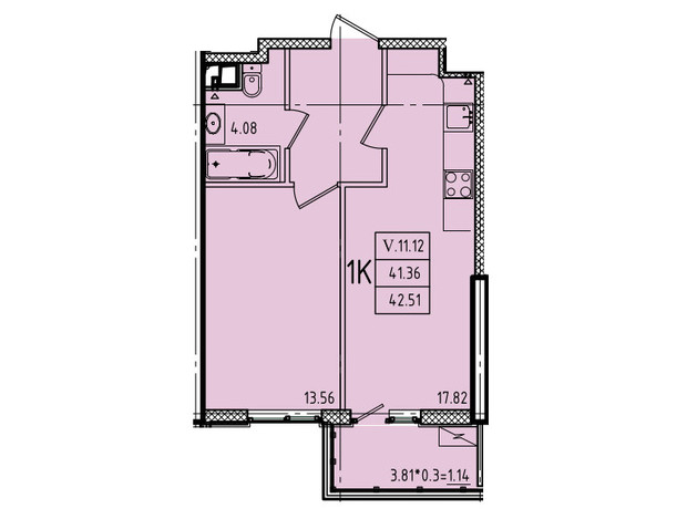 ЖК Еллада: планування 1-кімнатної квартири 42.51 м²