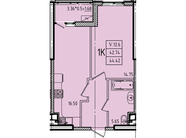 ЖК Еллада: планування 1-кімнатної квартири 44.42 м²