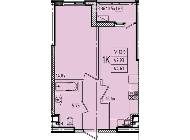 ЖК Еллада: планування 1-кімнатної квартири 44.61 м²