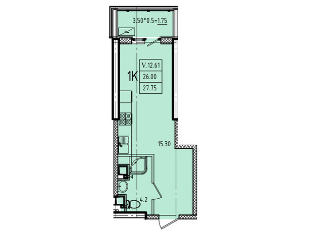 ЖК Еллада: планування 1-кімнатної квартири 27.75 м²