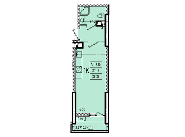 ЖК Эллада: планировка 1-комнатной квартиры 29.01 м²