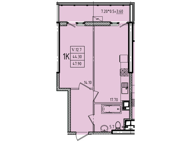 ЖК Эллада: планировка 1-комнатной квартиры 47.9 м²