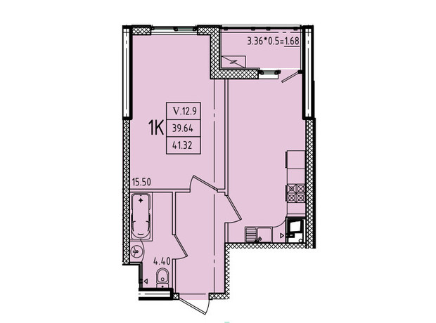 ЖК Эллада: планировка 1-комнатной квартиры 41.32 м²