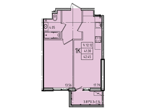 ЖК Эллада: планировка 1-комнатной квартиры 42.45 м²